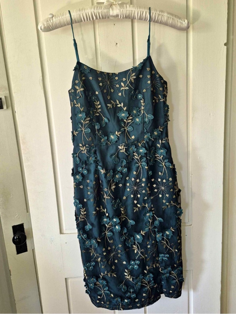 Embroidered Teal Slip Dress with Floral Appliqué